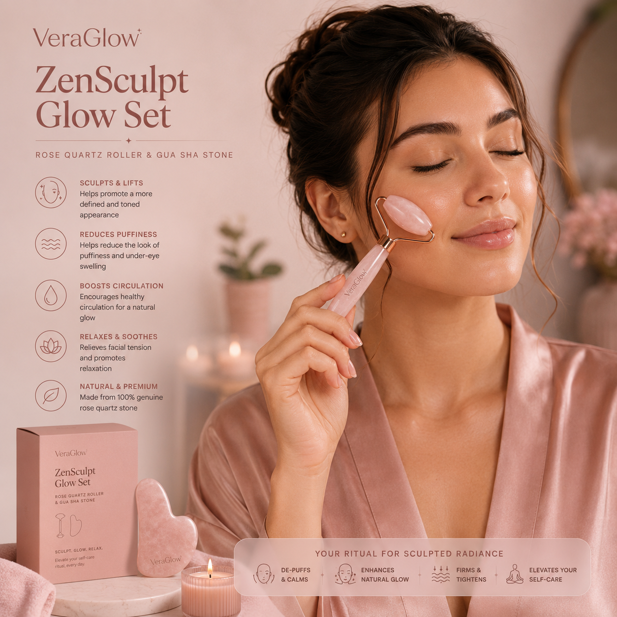 ZenSculpt Glow Set — Rose Quartz Roller & Gua Sha Stone