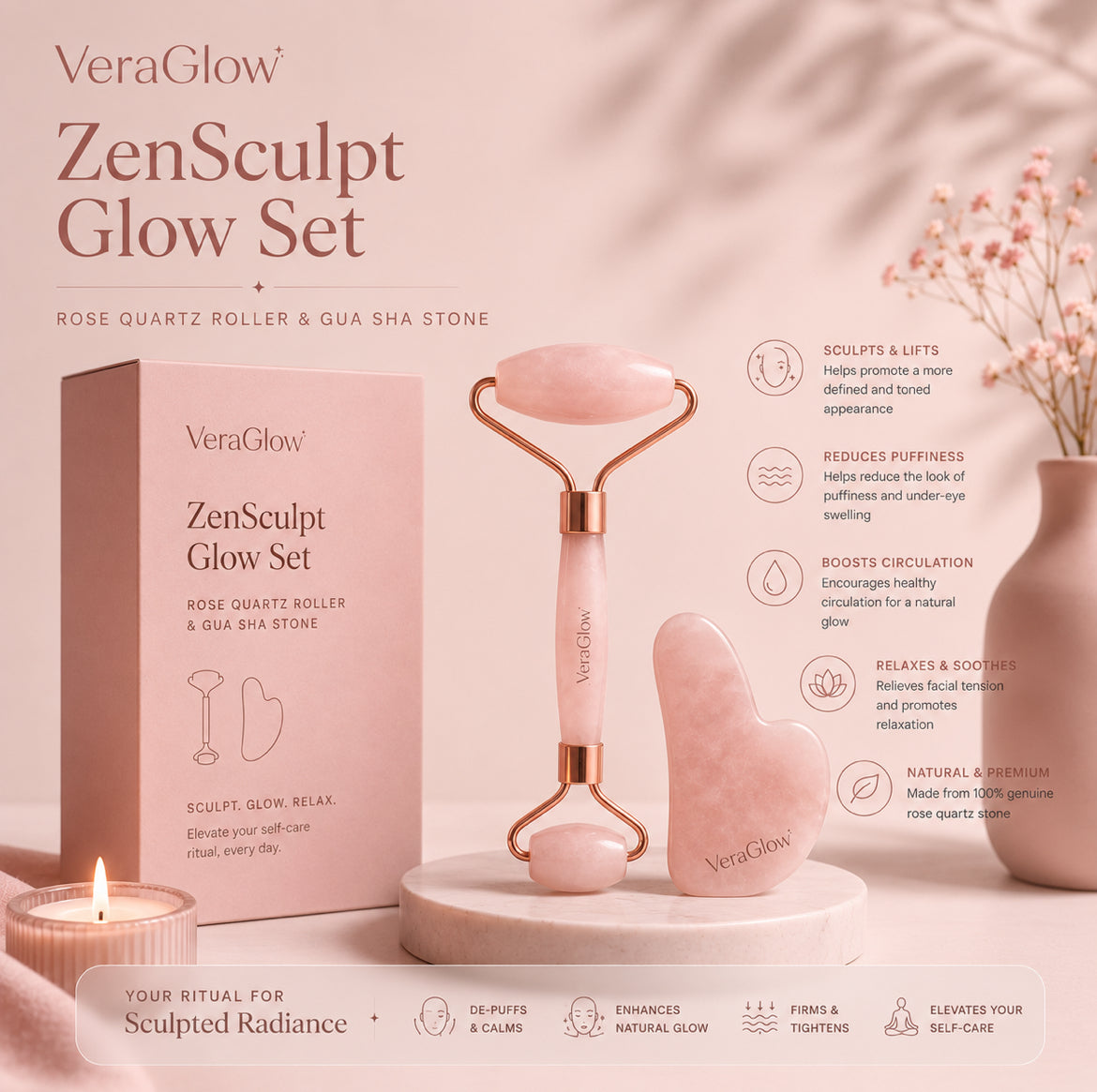 ZenSculpt Glow Set — Rose Quartz Roller & Gua Sha Stone