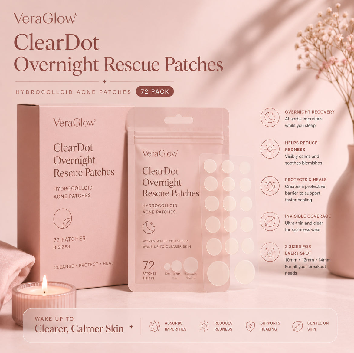 ClearDot Overnight Rescue Patches — Hydrocolloid Acne Patches (72 pack)